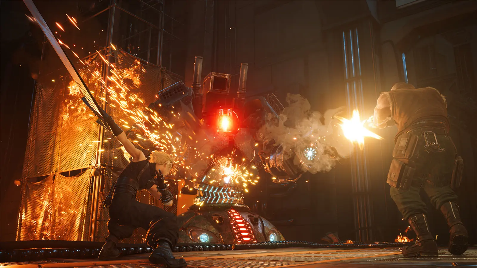 Cloud y Barret combatiendo contra el Airbuster en Final Fantasy VII Remake