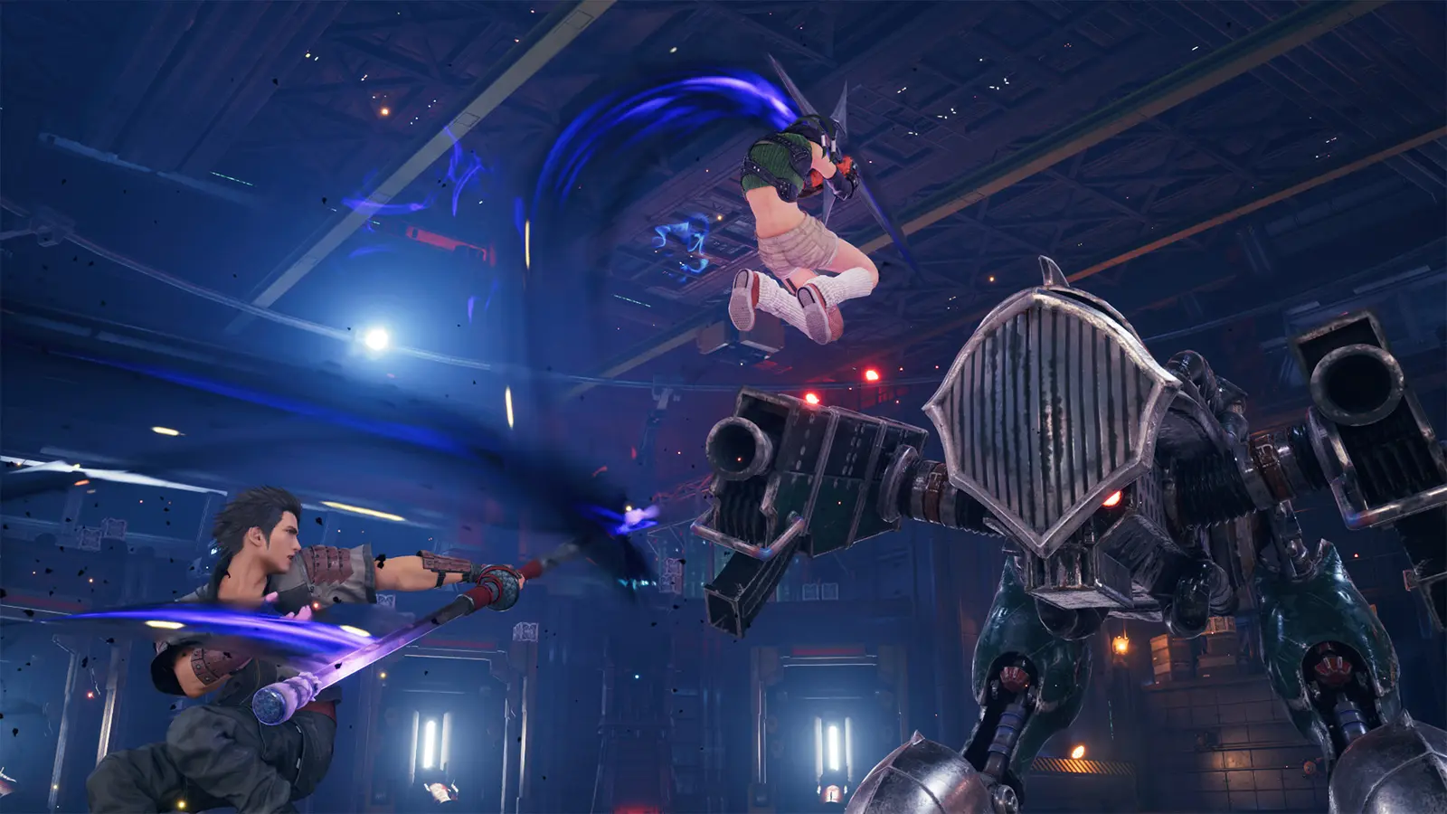Yuffie y Sonon peleando contra un robot de Shinra